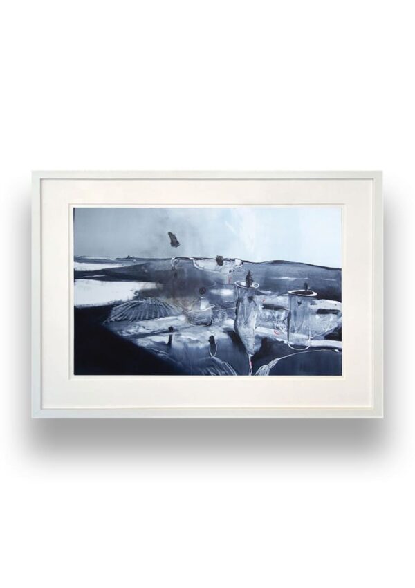 Framed abstract painting in muted blue and gray tones depicts glass objects and blurred landscape elements under a cloudy sky.