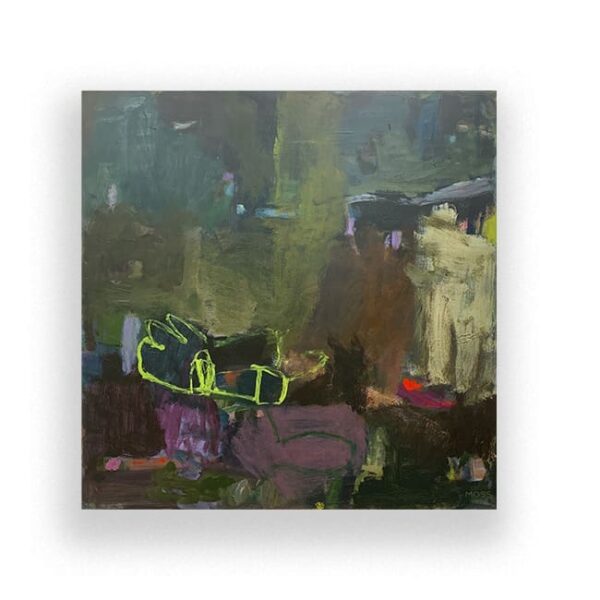 Abstract painting with dark green, purple, and brown tones, featuring a yellow outlined shape near the center and scattered patches of red and beige.