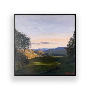 A framed landscape painting depicting rolling hills, grassy fields, and silhouetted trees under a partly cloudy sky, signed "MJP 2024" in the lower right corner.