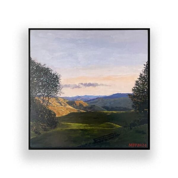 A framed landscape painting depicting rolling hills, grassy fields, and silhouetted trees under a partly cloudy sky, signed "MJP 2024" in the lower right corner.