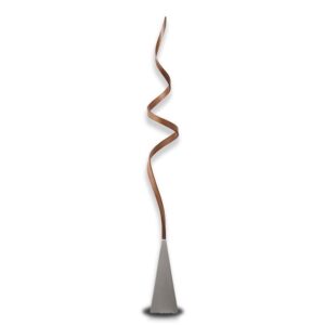 A tall, abstract metal sculpture with a twisted, ribbon-like form rises from a gray, cone-shaped base against a white background.