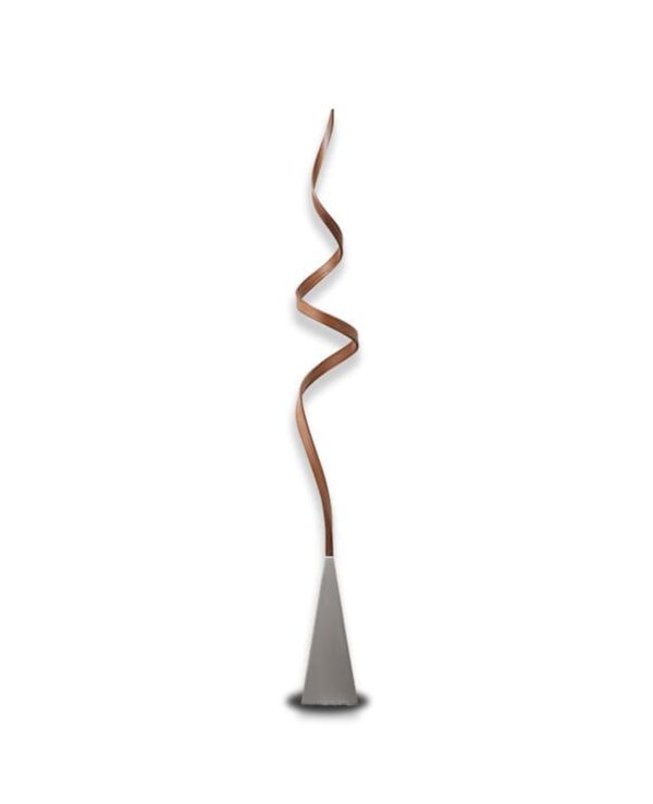 A tall, abstract metal sculpture with a twisted, ribbon-like form rises from a gray, cone-shaped base against a white background.