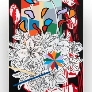 A mixed media artwork featuring outlined flowers, a colorful geometric star, and abstract shapes on a bold, red, black, and multicolored background.