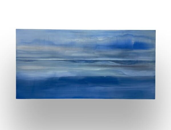 Abstract painting featuring horizontal layers in shades of blue and gray, evoking a serene, minimalist seascape against a white background.