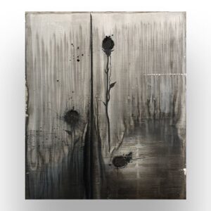 Abstract black flowers and drips on a textured, grayscale background, with streaks and splatters creating a moody, atmospheric effect.