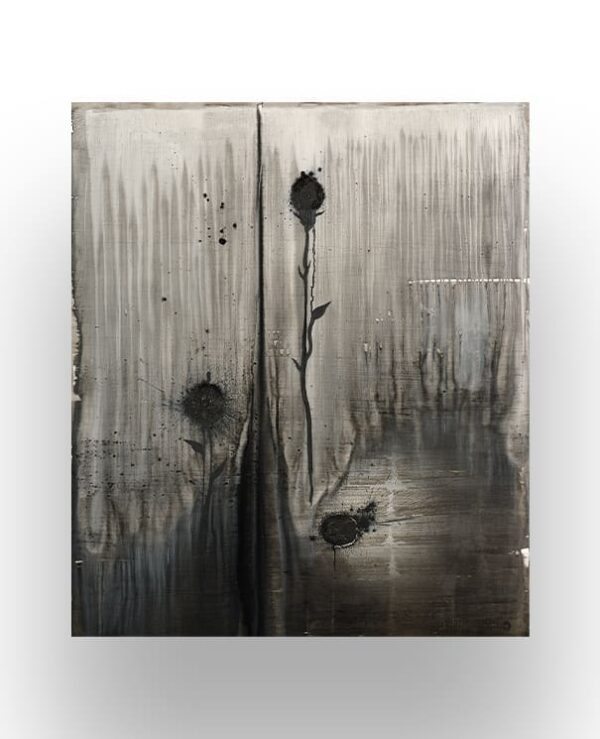 Abstract black flowers and drips on a textured, grayscale background, with streaks and splatters creating a moody, atmospheric effect.