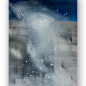 Abstract painting with swirling white and gray tones, accented by small white dots, set against a dark blue upper background.