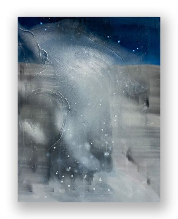 Abstract painting with swirling white and gray tones, accented by small white dots, set against a dark blue upper background.