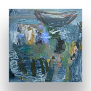 Abstract painting with blue, green, and gray tones, featuring layered brushstrokes and an oval shape near the top center.