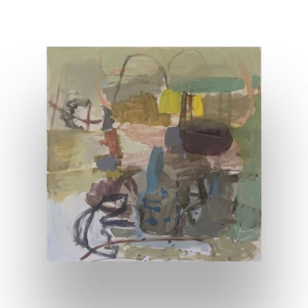 An abstract painting with muted tones of green, brown, yellow, and blue, featuring layered shapes and loose brushstrokes on a square canvas.