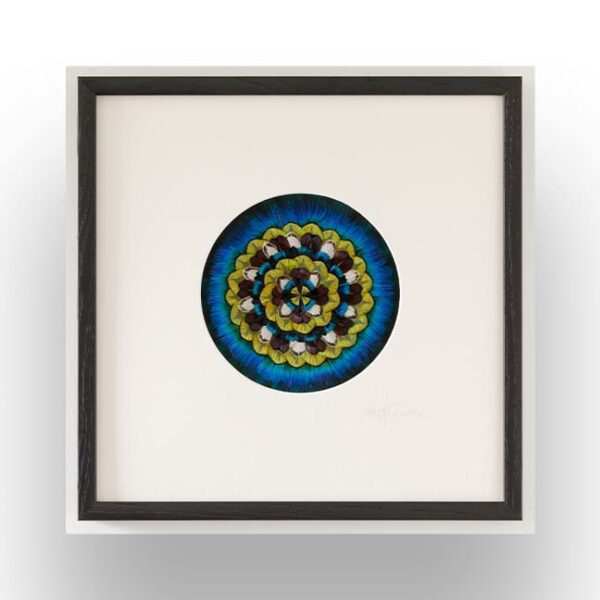 A framed artwork featuring a circular mandala design with blue, green, yellow, and black hues, centered on a white background.