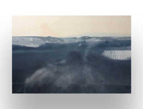 Abstract painting featuring dark blue and gray tones resembling a foggy landscape or seascape under a pale sky.