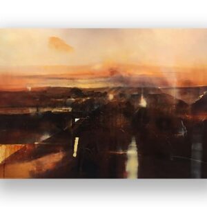 Abstract landscape painting featuring warm hues of orange, brown, and black, evoking a sunset over a blurred, textured terrain.