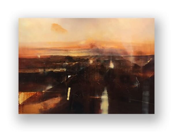 Abstract landscape painting featuring warm hues of orange, brown, and black, evoking a sunset over a blurred, textured terrain.