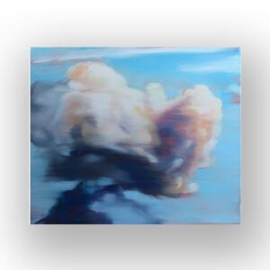 A blurred painting of a large, cloud-like shape with soft tones of blue, orange, and gray against a light blue background.