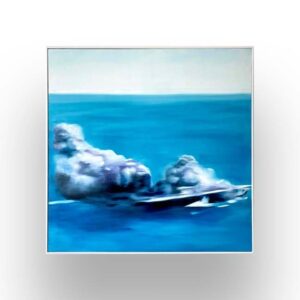 A blurry painting depicts a ship on the ocean with large plumes of smoke rising, set against a blue sky and sea.