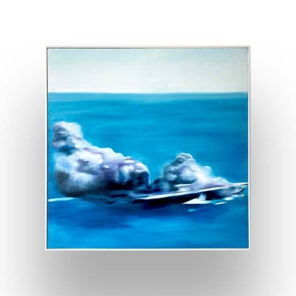 A blurry painting depicts a ship on the ocean with large plumes of smoke rising, set against a blue sky and sea.