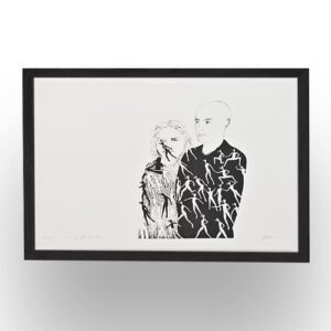 A black-and-white framed artwork depicting two people, with one partially obscured and the other’s clothing covered in small human silhouettes.