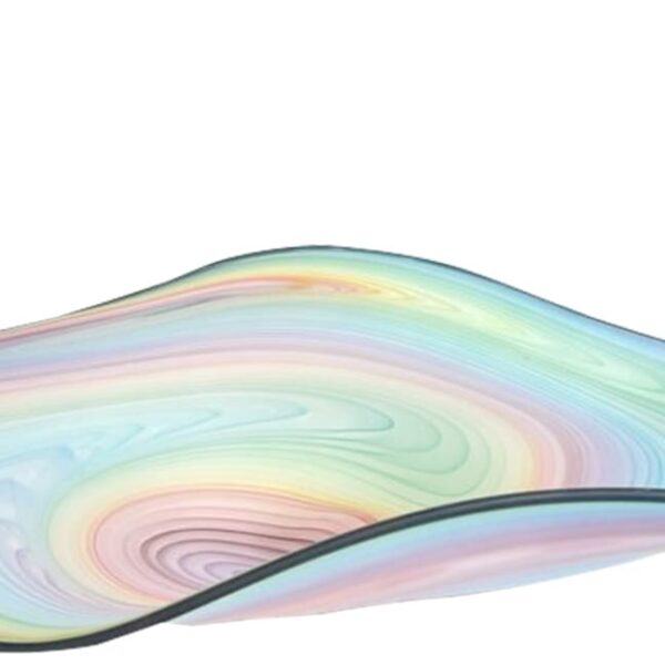 Close-up of a smooth, wavy surface with pastel rainbow swirl patterns and a thin black outline along the edge.