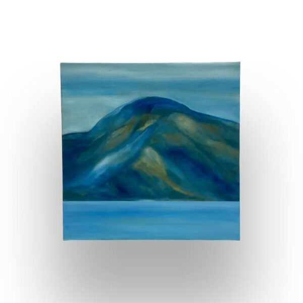A square painting depicting a blue and green mountain landscape with a body of water in the foreground, set against a gradient white background.