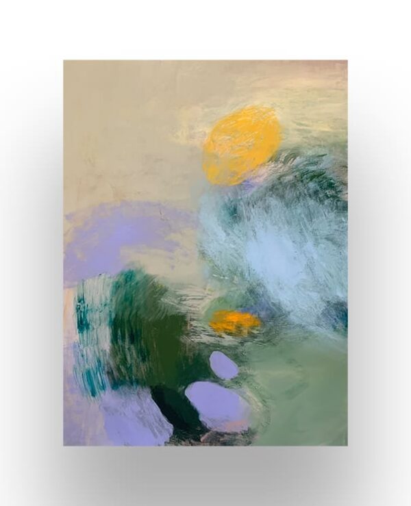 Abstract painting with a yellow circle, green, blue, and purple brushstrokes on a beige background. Shapes and colors blend with soft, textured edges.