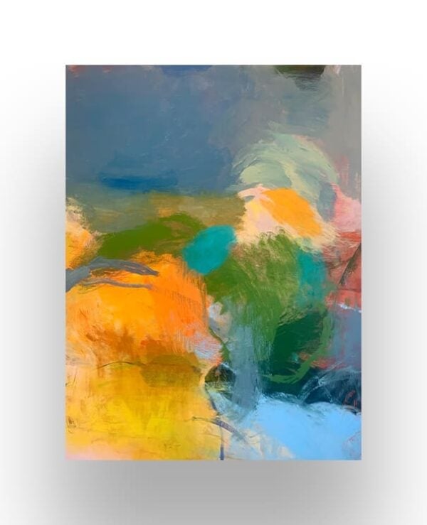 Abstract painting featuring bold patches of yellow, orange, green, blue, and hints of pink on a textured background with a soft gradient border.