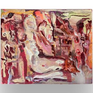 Abstract painting featuring a seated, light-toned figure surrounded by swirling, layered red, pink, and orange brushstrokes with dynamic, textured forms.