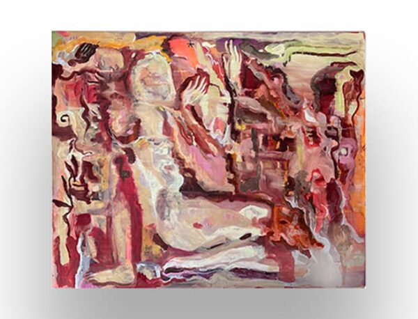 Abstract painting featuring a seated, light-toned figure surrounded by swirling, layered red, pink, and orange brushstrokes with dynamic, textured forms.