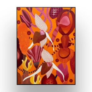 Colorful abstract painting featuring white and burgundy orchid-like flowers with bold orange, red, and purple organic shapes in the background.