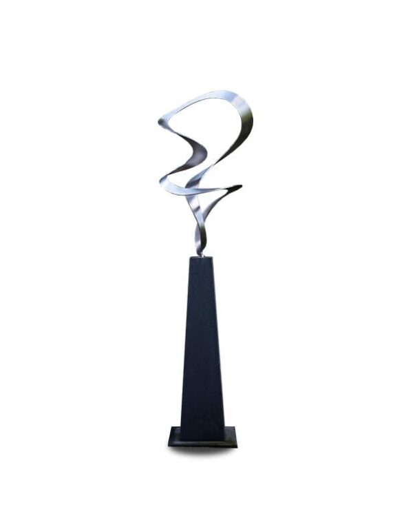 A tall black pedestal supports a twisting, abstract metal sculpture with smooth curves against a white background.