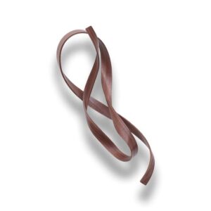 A single piece of flat, brown ribbon-like material is looped and twisted on a white background, casting a soft shadow.