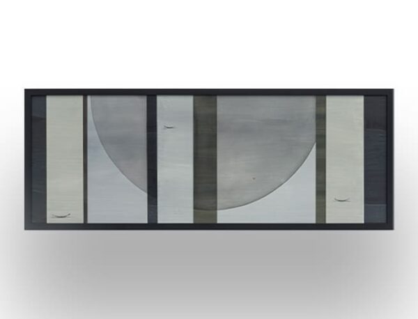 Rectangular framed abstract artwork featuring vertical stripes and overlapping circles in shades of gray, with three small airplanes in different sections.