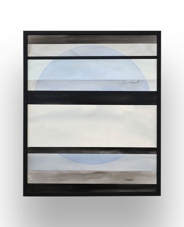 A geometric artwork featuring horizontal black and gray bands over a large pale blue circle, all contained within a black frame.
