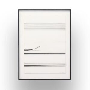 Framed abstract artwork featuring horizontal black and gray lines on a white background, with subtle gradients and one curved line on the left side.