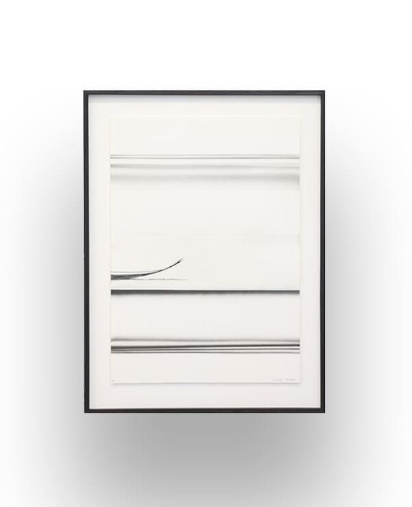 Framed abstract artwork featuring horizontal black and gray lines on a white background, with subtle gradients and one curved line on the left side.
