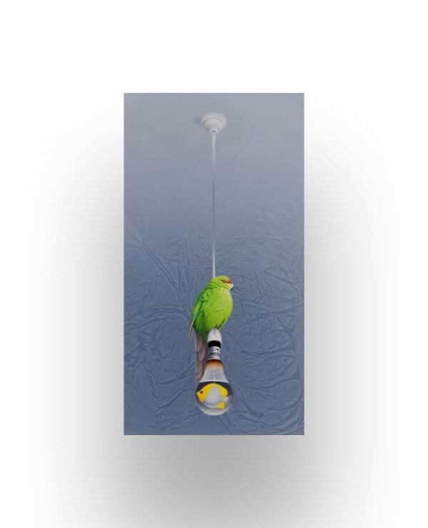 A green parrot perched on a hanging light bulb fixture against a grayish-blue ceiling.