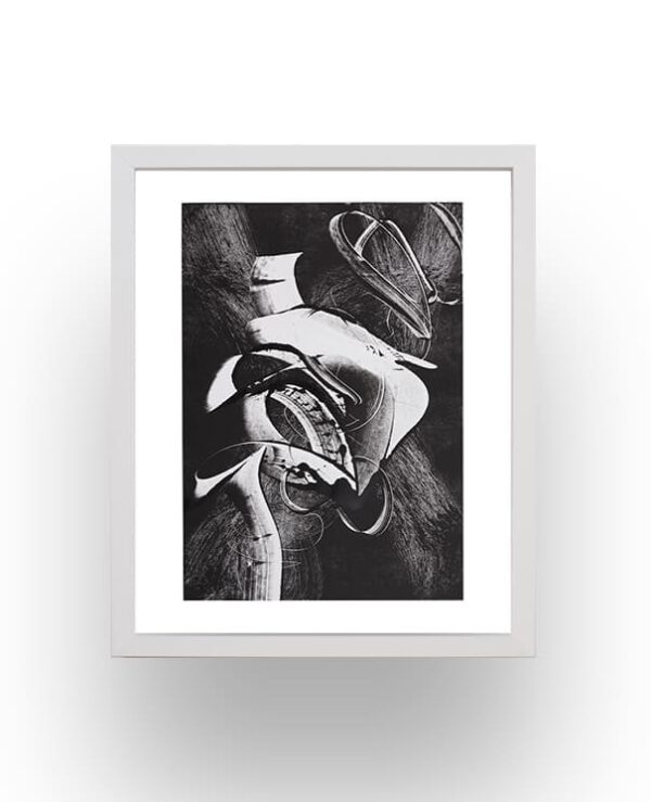 Black and white abstract artwork with overlapping curved and linear shapes, displayed in a simple white frame against a plain white background.