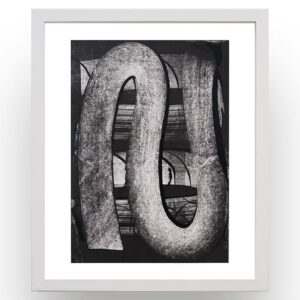 Black and white abstract artwork featuring a large, curved, arch-like shape in the center, set against a background of intersecting lines and shaded areas, framed in white.