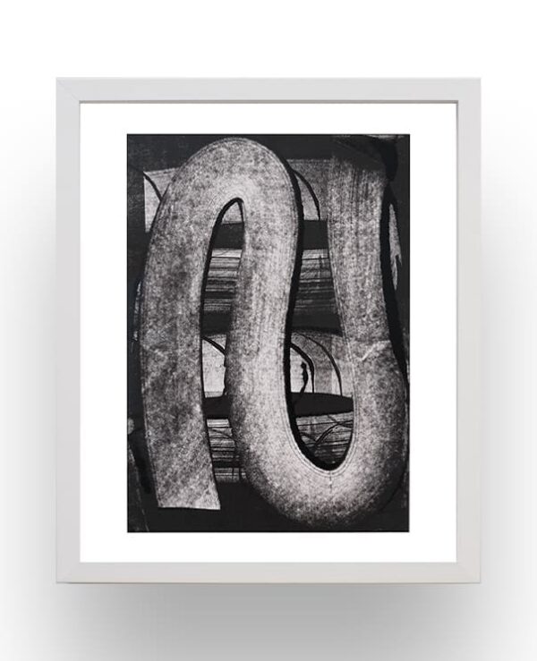Black and white abstract artwork featuring a large, curved, arch-like shape in the center, set against a background of intersecting lines and shaded areas, framed in white.