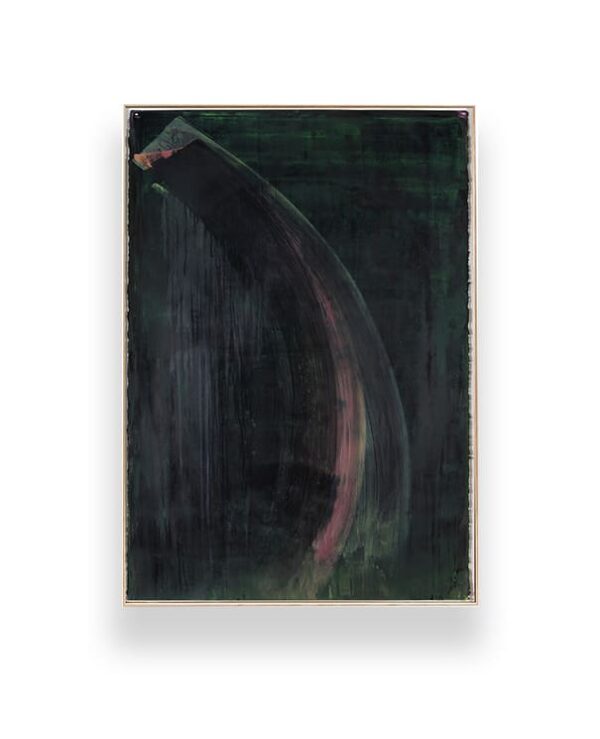 A dark abstract painting featuring a broad, curved brushstroke in muted pink and green tones against a deep green-black background.