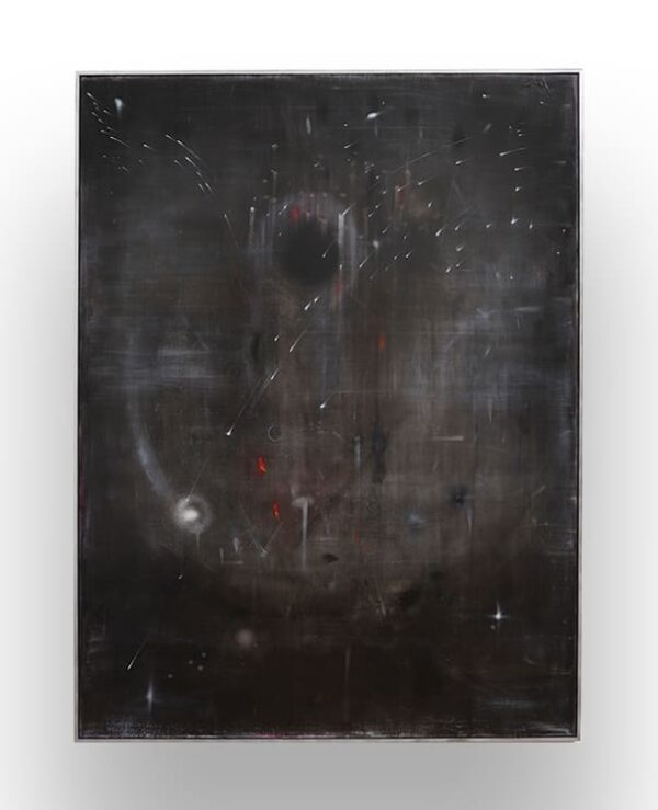 A dark abstract painting with faint white and red streaks, blurred lines, and scattered light spots on a mostly black and gray background.