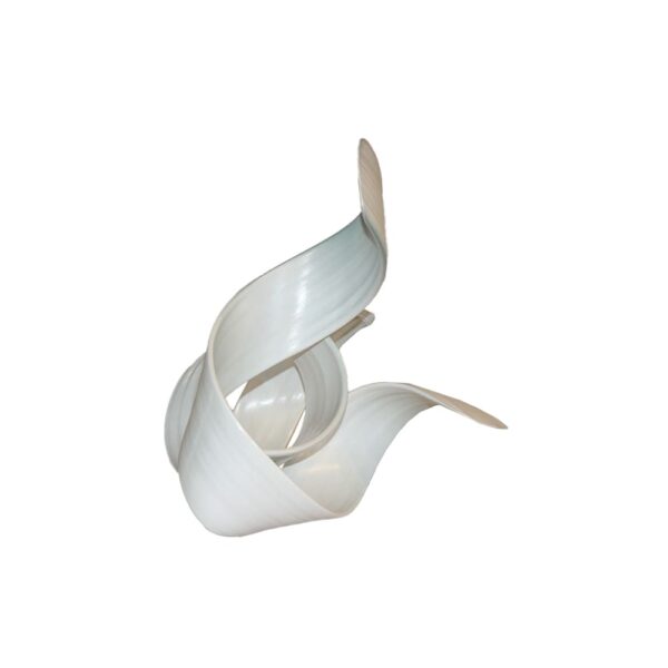 Abstract white sculpture with smooth, curved, ribbon-like shapes intertwined, set against a plain white background.
