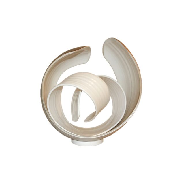 White ceramic sculpture with multiple curved, spiraling forms looping around each other, placed on a small circular base against a plain background.