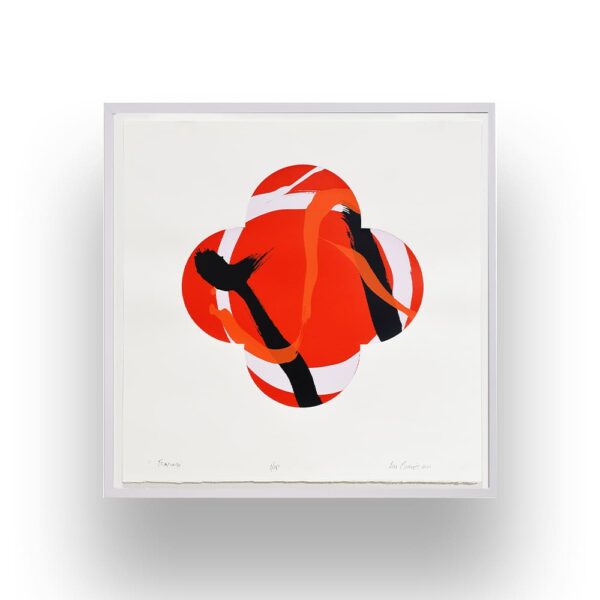Abstract artwork featuring a red and white circular pattern intersected by bold black and orange strokes on a white background, framed and mounted against a neutral backdrop.