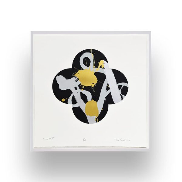Abstract artwork featuring a black quatrefoil shape with white and gold paint splatters and strokes on a white background.