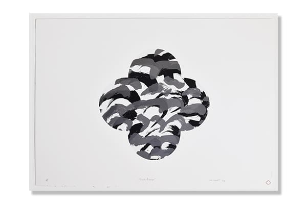 Max Gimblett | The Art Precinct Work by the artist Max Gimblett is shown. This features expressive black and gray brushstrokes forming a rounded, clover-like shape on a crisp white background.