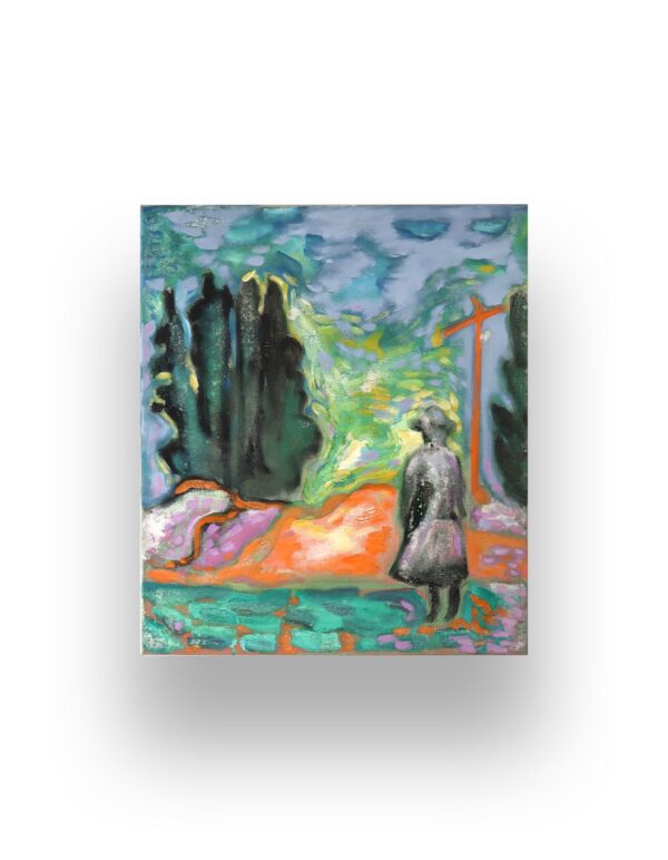 A colorful painting of a person standing on a path between two large trees, with vibrant green, blue, orange, and purple tones in the landscape.
