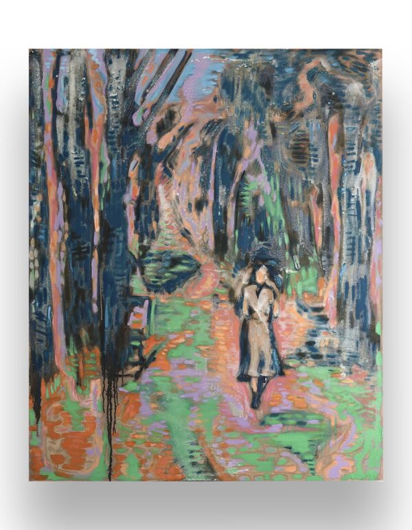 Impressionist-style painting of a couple embracing on a tree-lined path with abstract, colorful brushstrokes in green, orange, and blue tones.