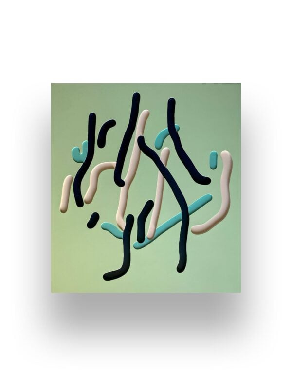 A square artwork featuring abstract, curved lines in black, white, and blue on a pale green background. The lines vary in thickness and orientation.