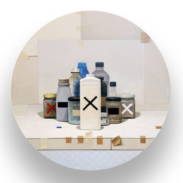 A round painting of various bottles and jars, some marked with X symbols, arranged on a white surface with pieces of tape around the edges and background.